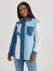 Wrangler Women's Pieced Boyfriend Denim Western Snap Front Shirt