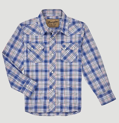 Wrangler Boy's Navy Plaid Snap Front Shirt.