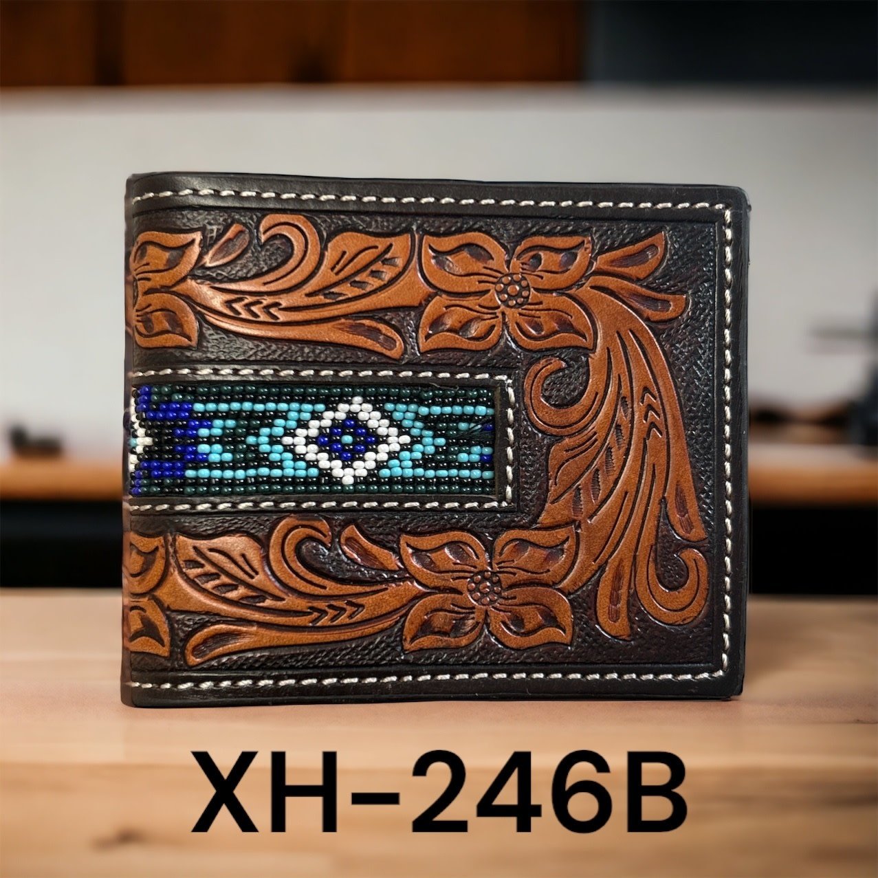 Twisted X Tooled and Beaded Bi-Fold Wallet.