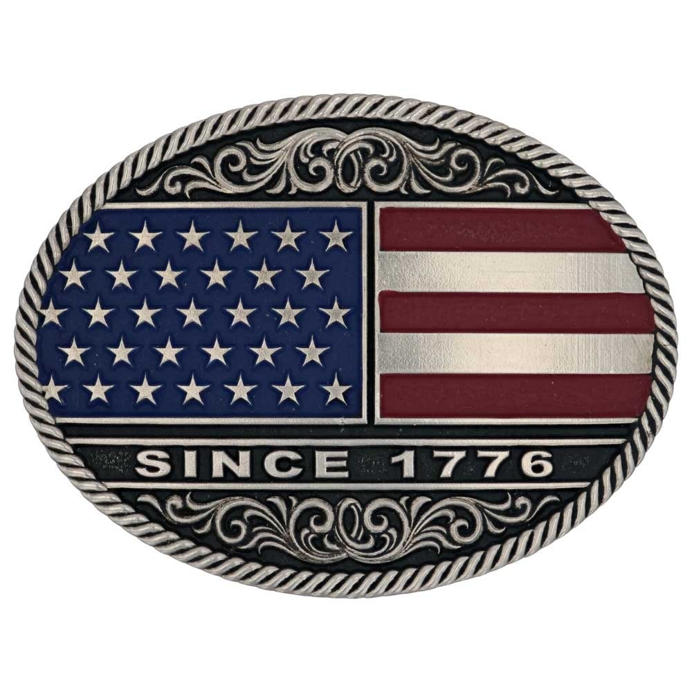 Montana Silversmiths Trimmed Circular American Flag Attitude Belt Buckle.