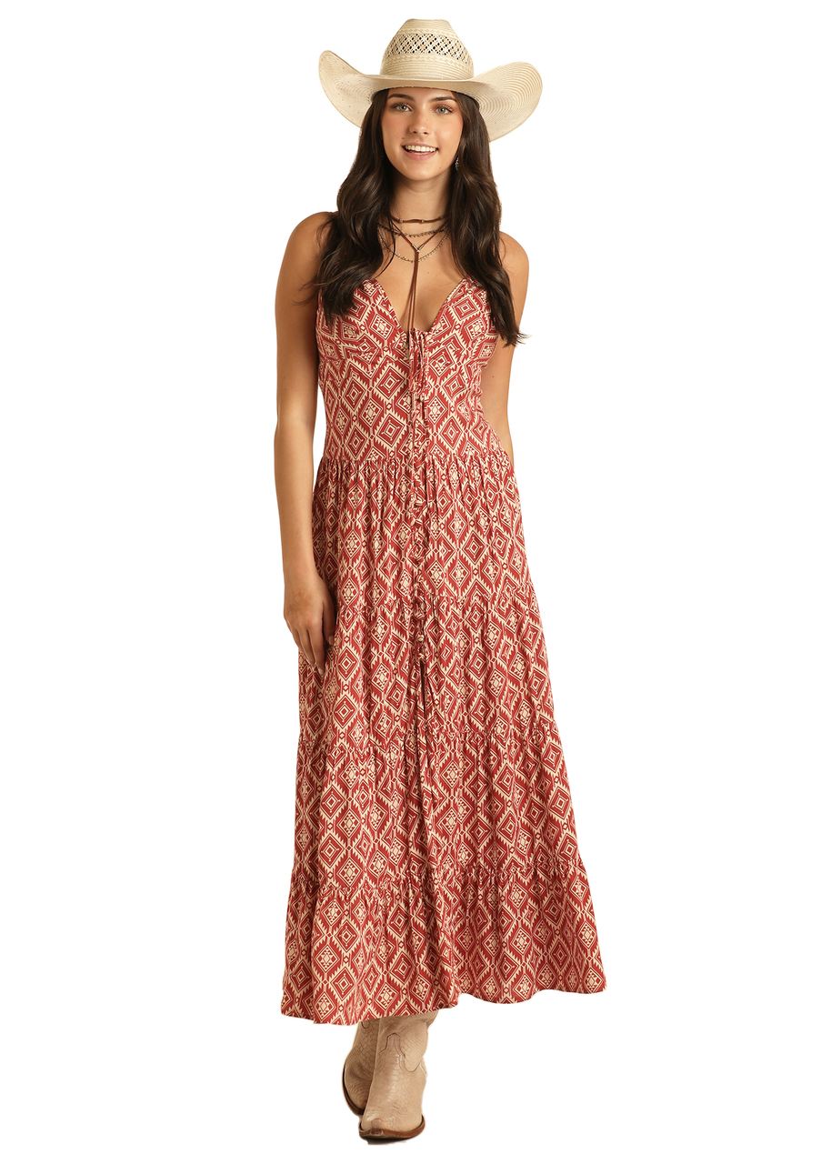 Rock & Roll Cowgirl Red Aztec Maxi Dress