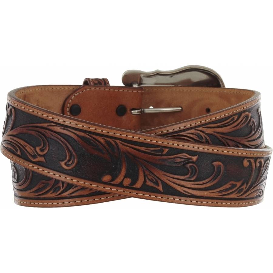 Men's Brown and Tan Tooled Belt