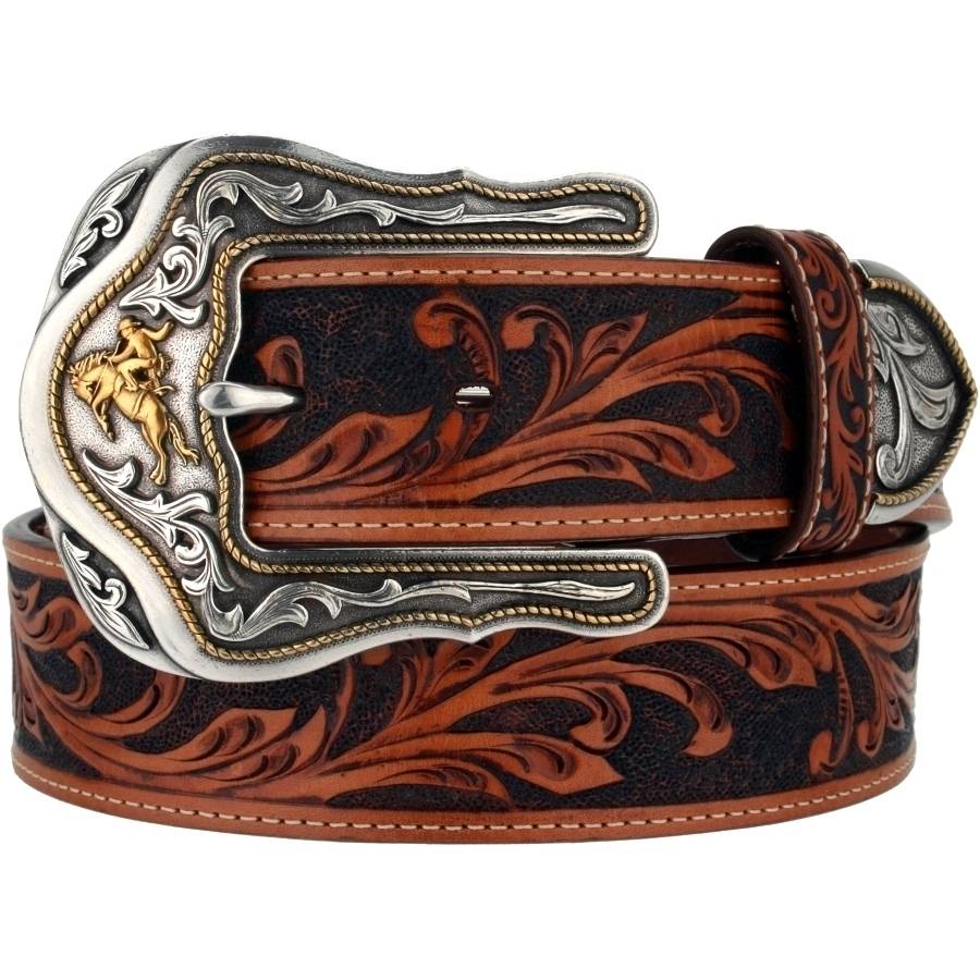 Men's Brown and Tan Tooled Belt.