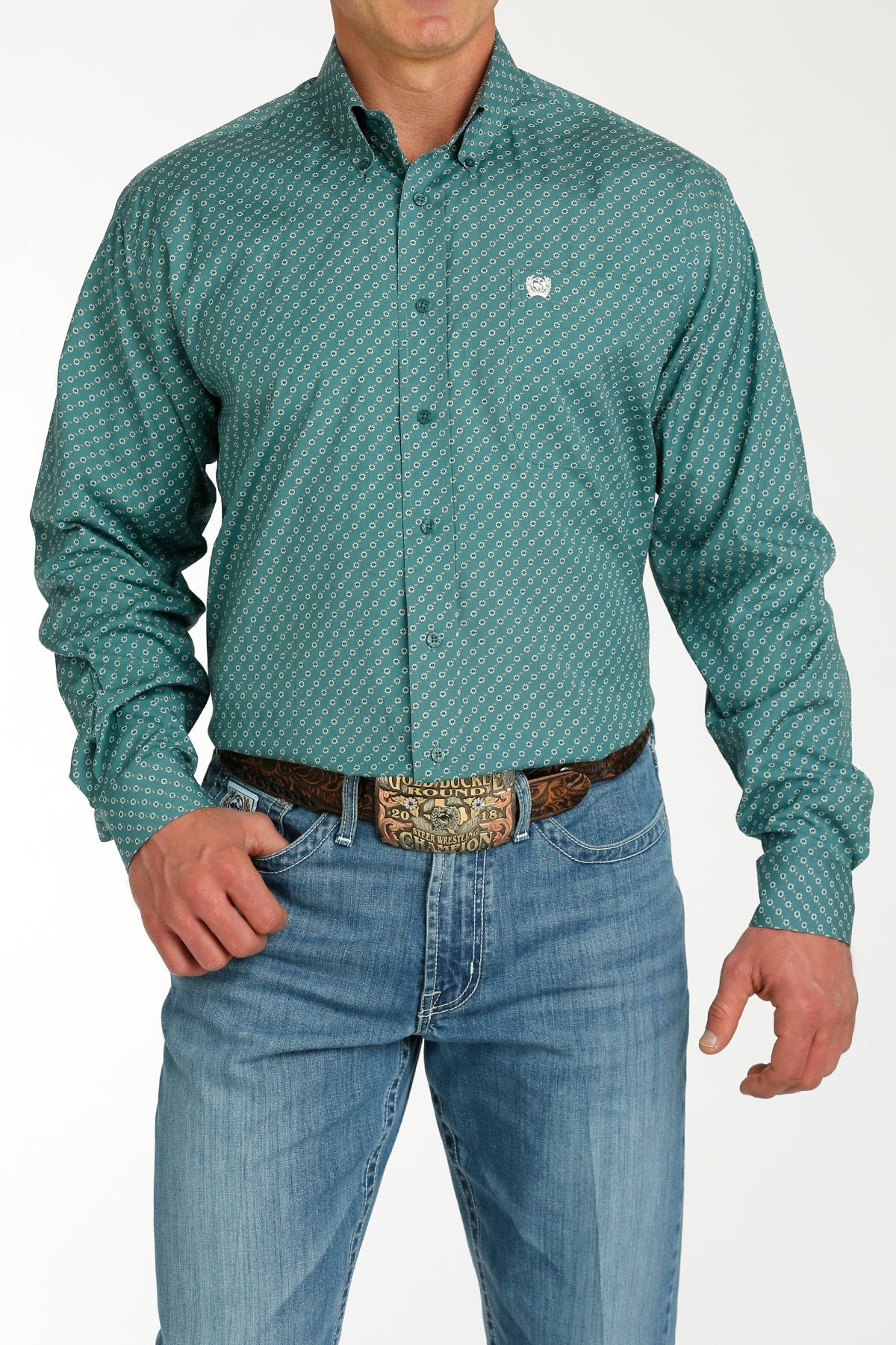 Cinch Men's Teal Patterned Long Sleeve Shirt