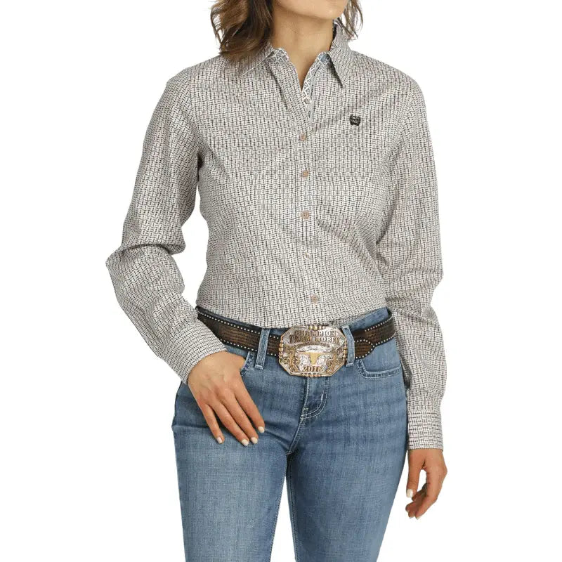 Cinch Women's Pink and Navy Patterned Long Sleeve Shirt.