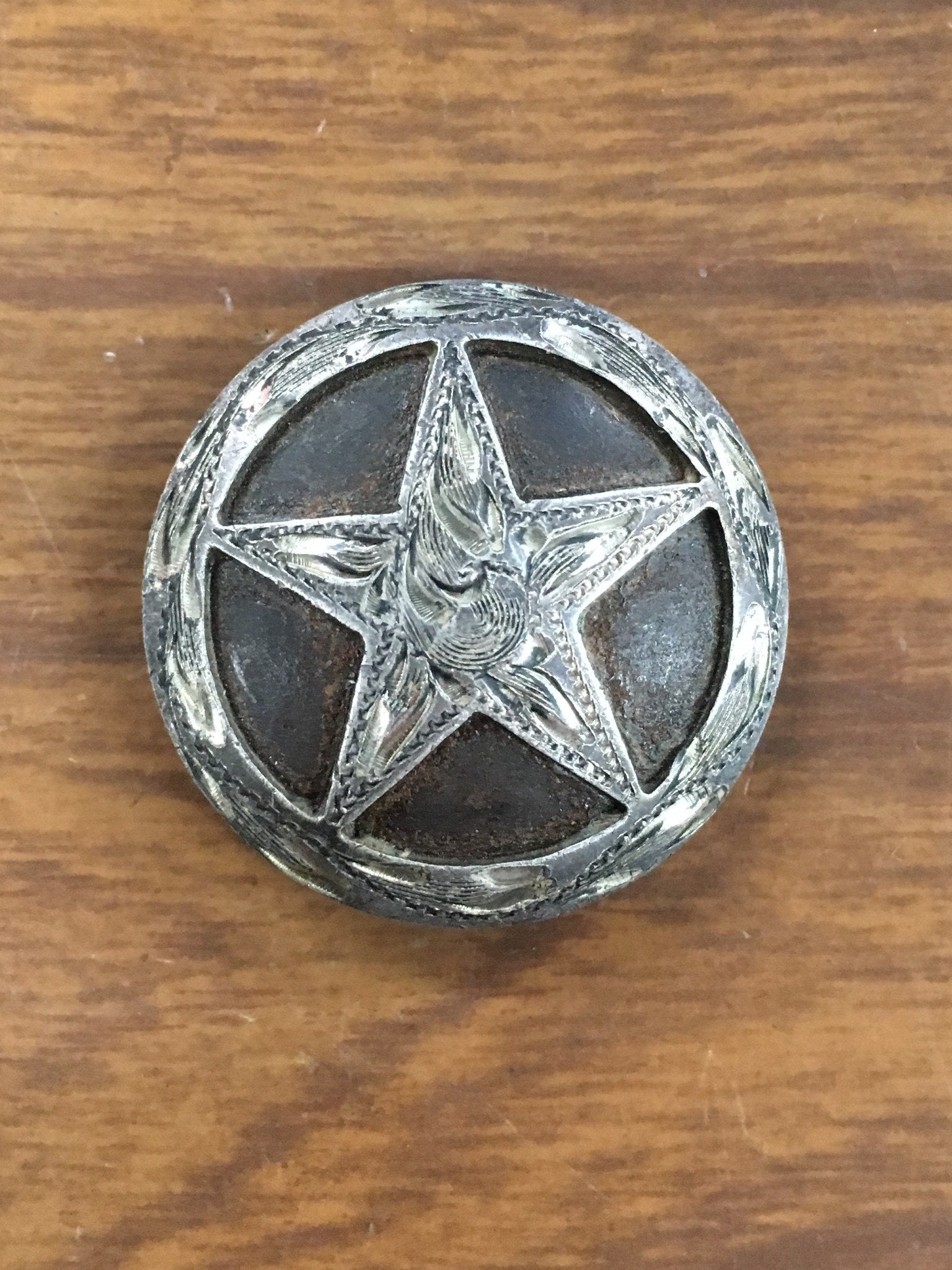 Medium Antique Silver Engraved Star CS Concho.