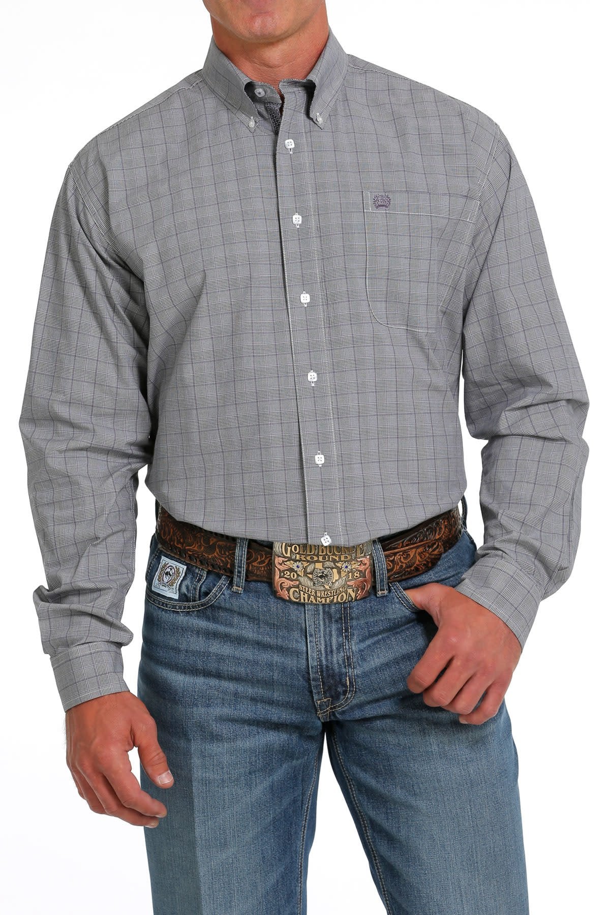 Cinch Men's Grey Plaid Long Sleeve Shirt C3