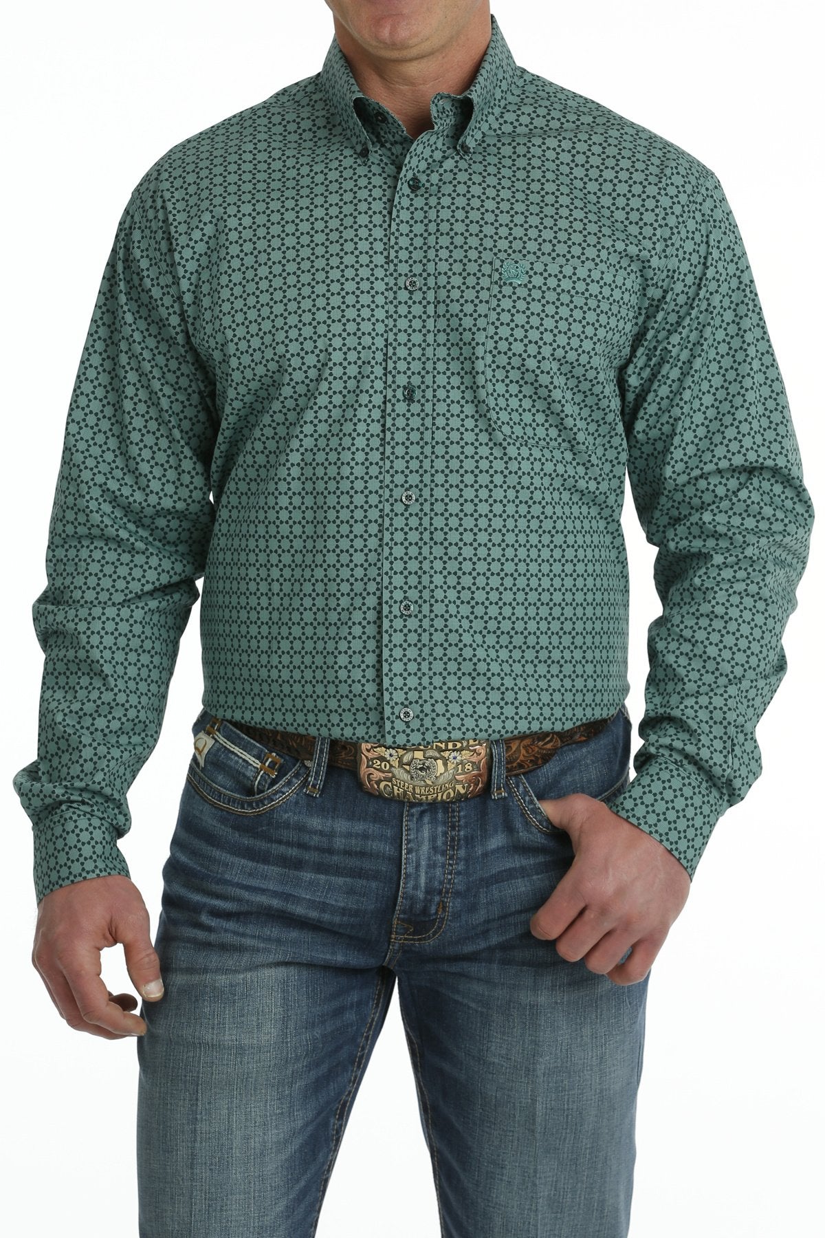 Cinch Men's Teal Printed Long Sleeve Shirt.