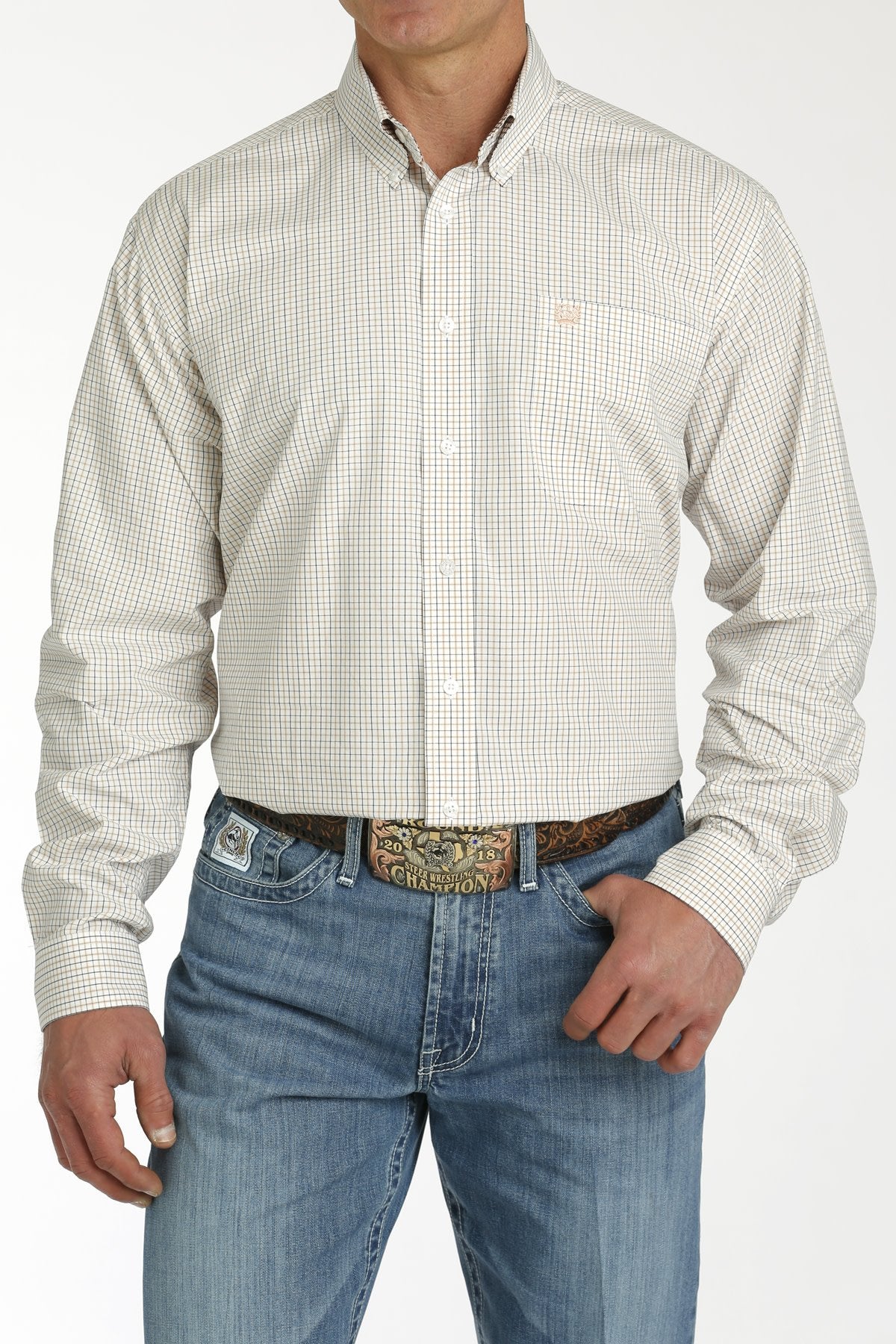 Cinch Men's White Plaid Long Sleeve Shirt.