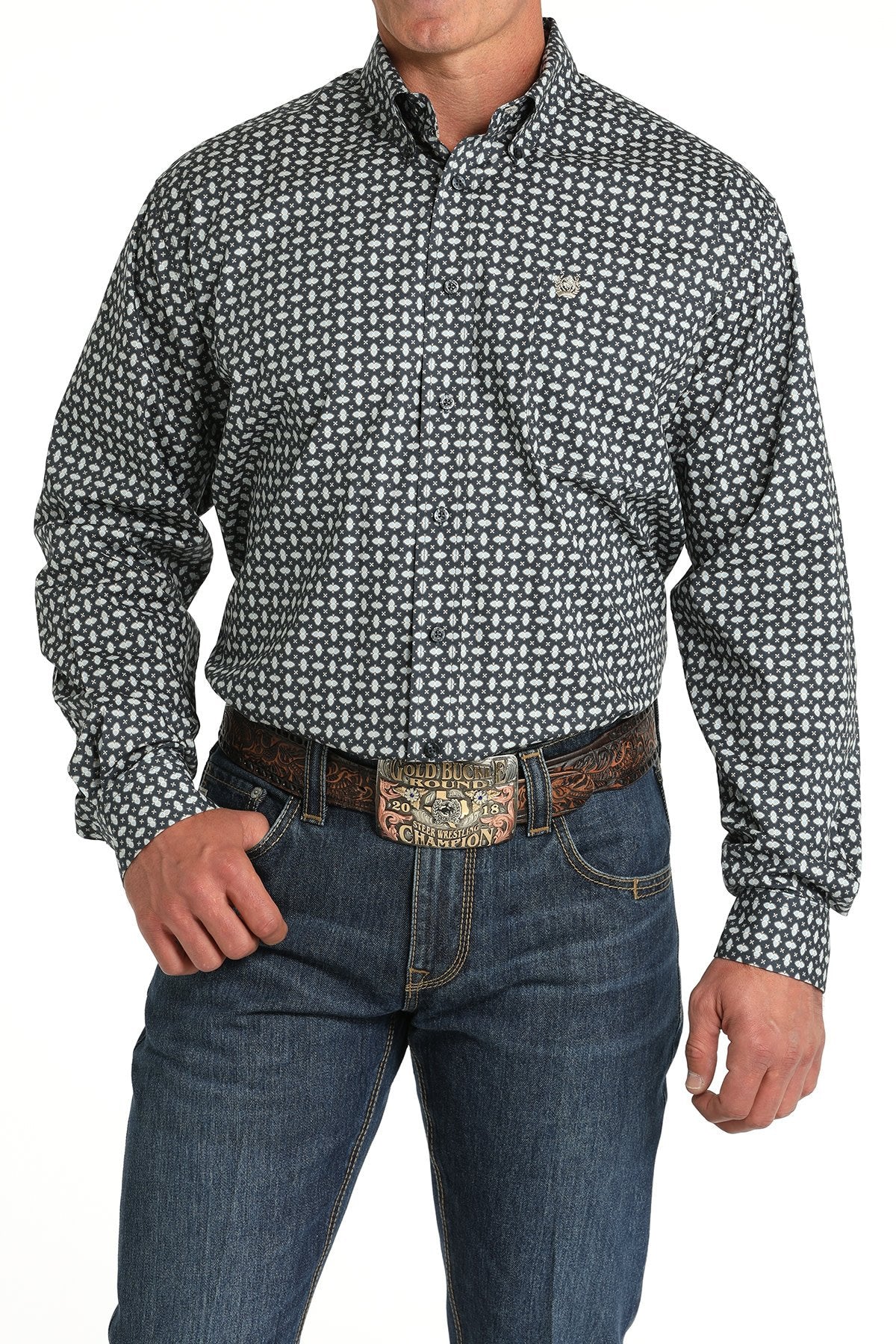 Cinch Men's Blue Printed Button Down Shirt