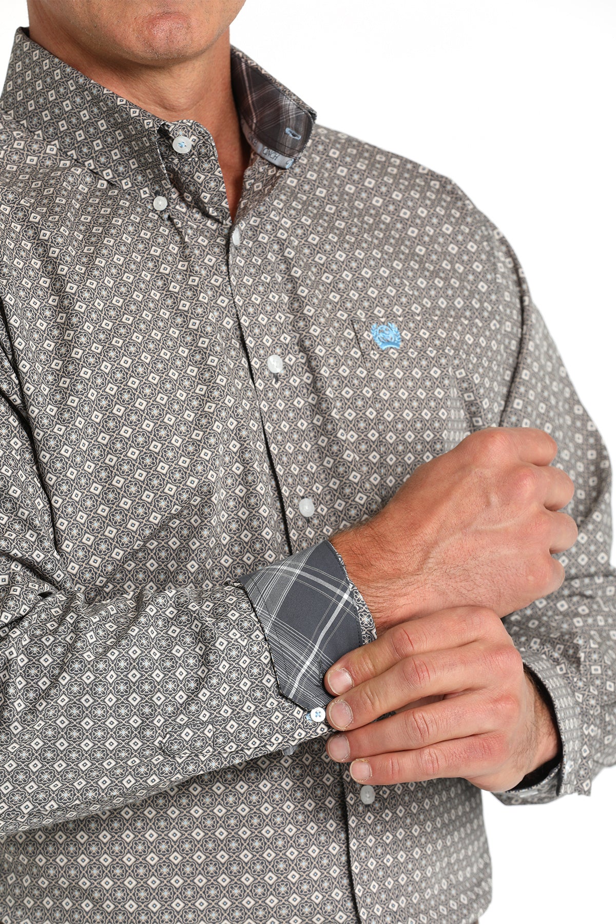 Cinch Men's Blue and Grey Printed Button Down Shirt