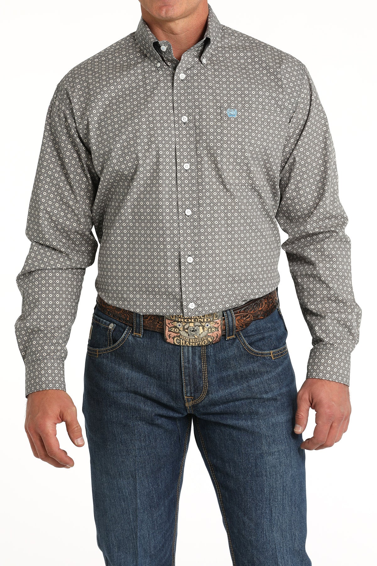 Cinch Men's Blue and Grey Printed Button Down Shirt