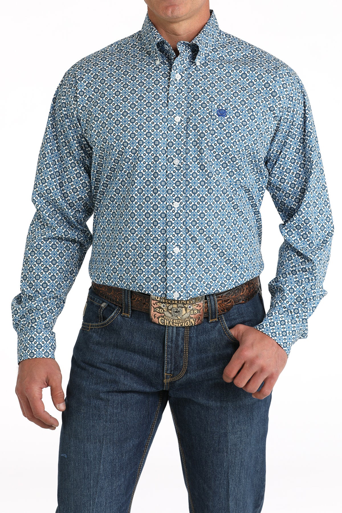 Cinch Men's White and Blue Printed Button Down Shirt