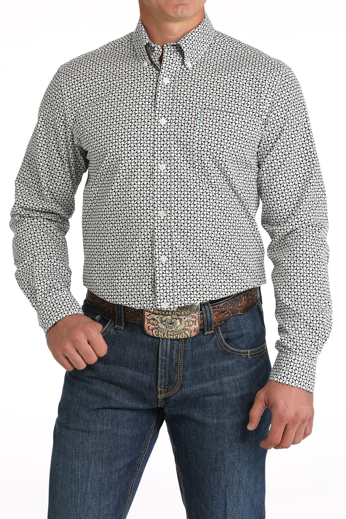 Cinch Men's White Printed Modern Fit Button Down Shirt