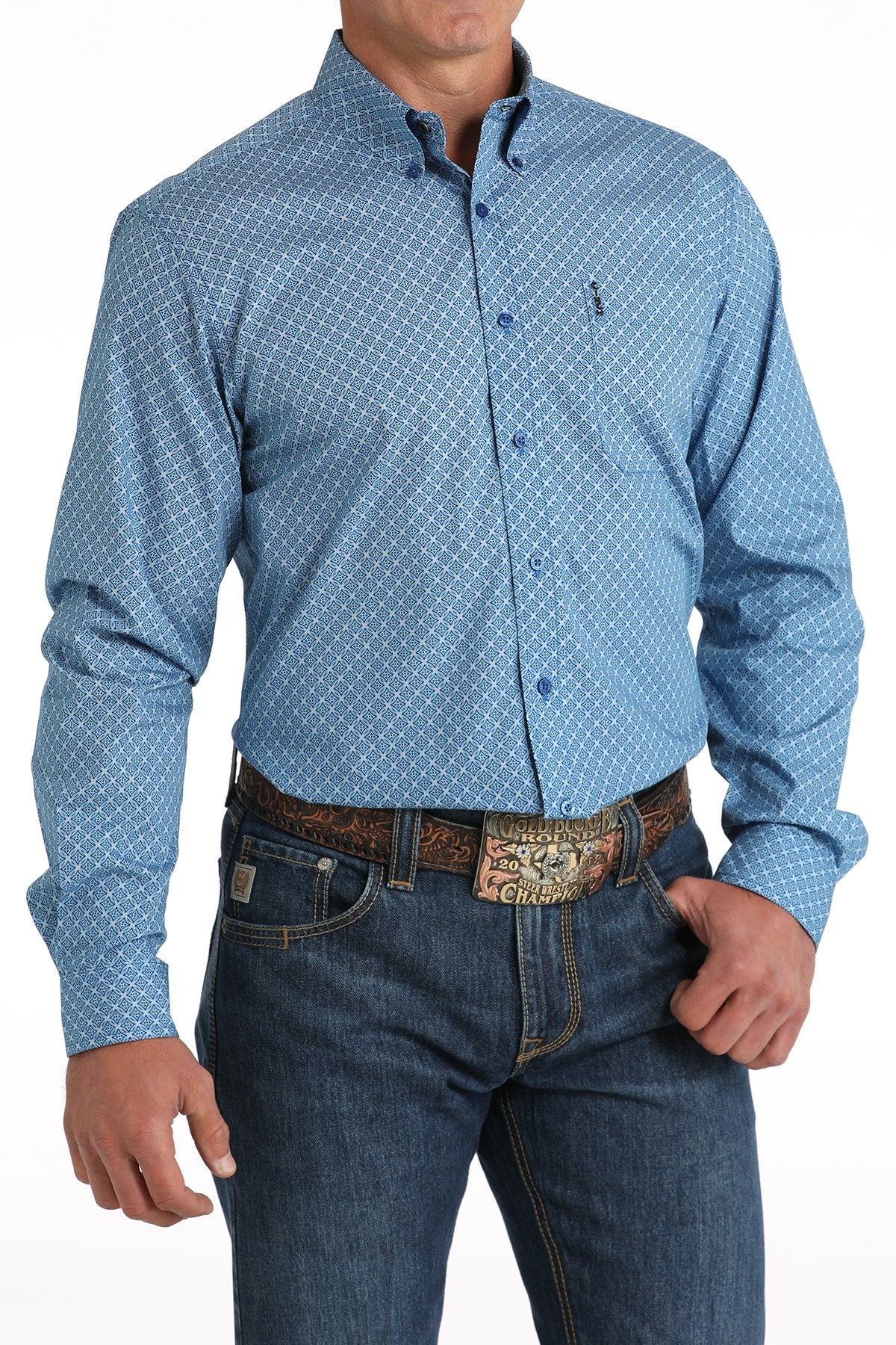 Cinch Men's Blue Printed Modern Fit Long Sleeve