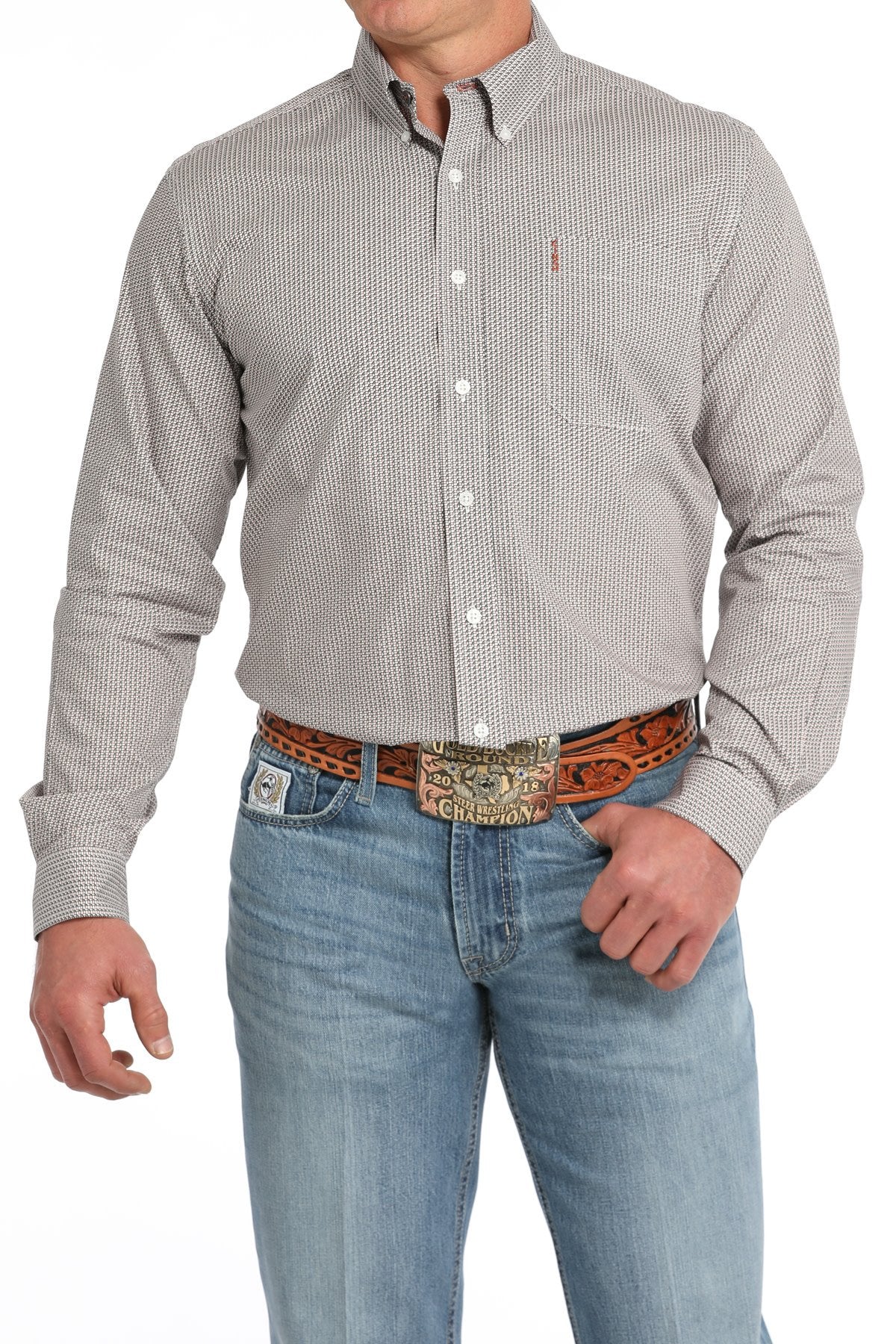 Cinch Men's White Printed Button Down Shirt.