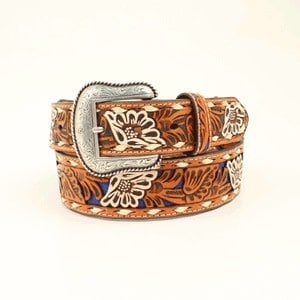 Men's Tan with Blue Underlay Floral Belt.