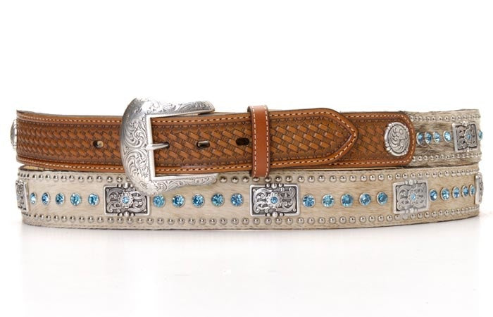 Men's Cowhide Western Belt with Blue Rhinestones