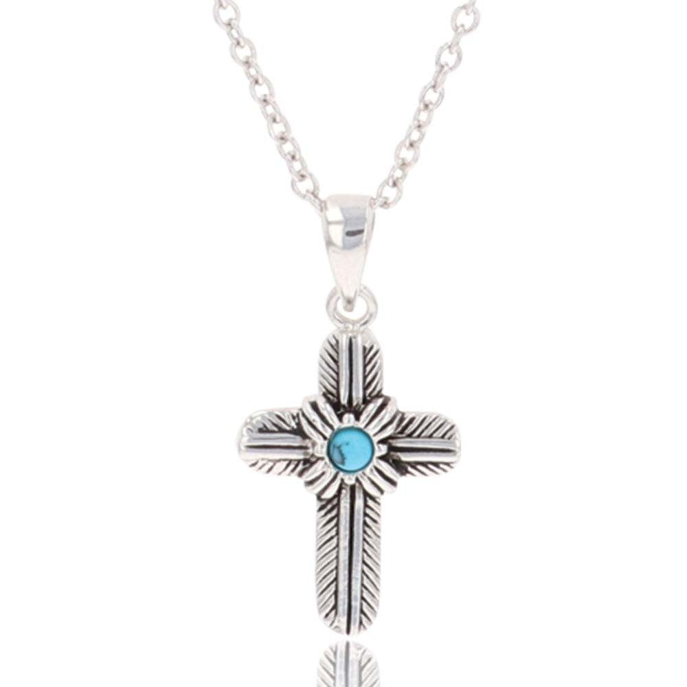 Montana Silversmiths Feathered Cross Turquoise Center Necklace.