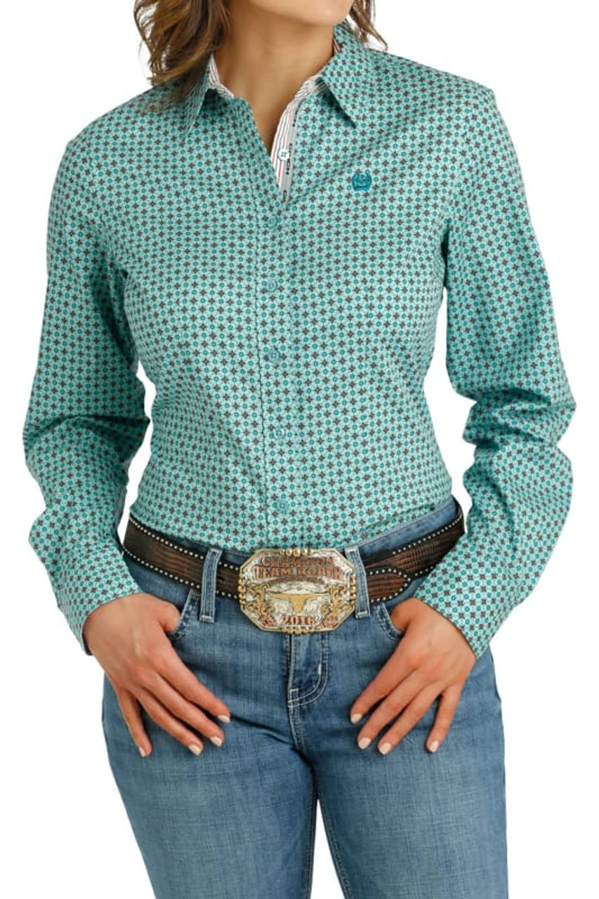 Cinch Women's Turquoise Printed Long Sleeve Shirt.