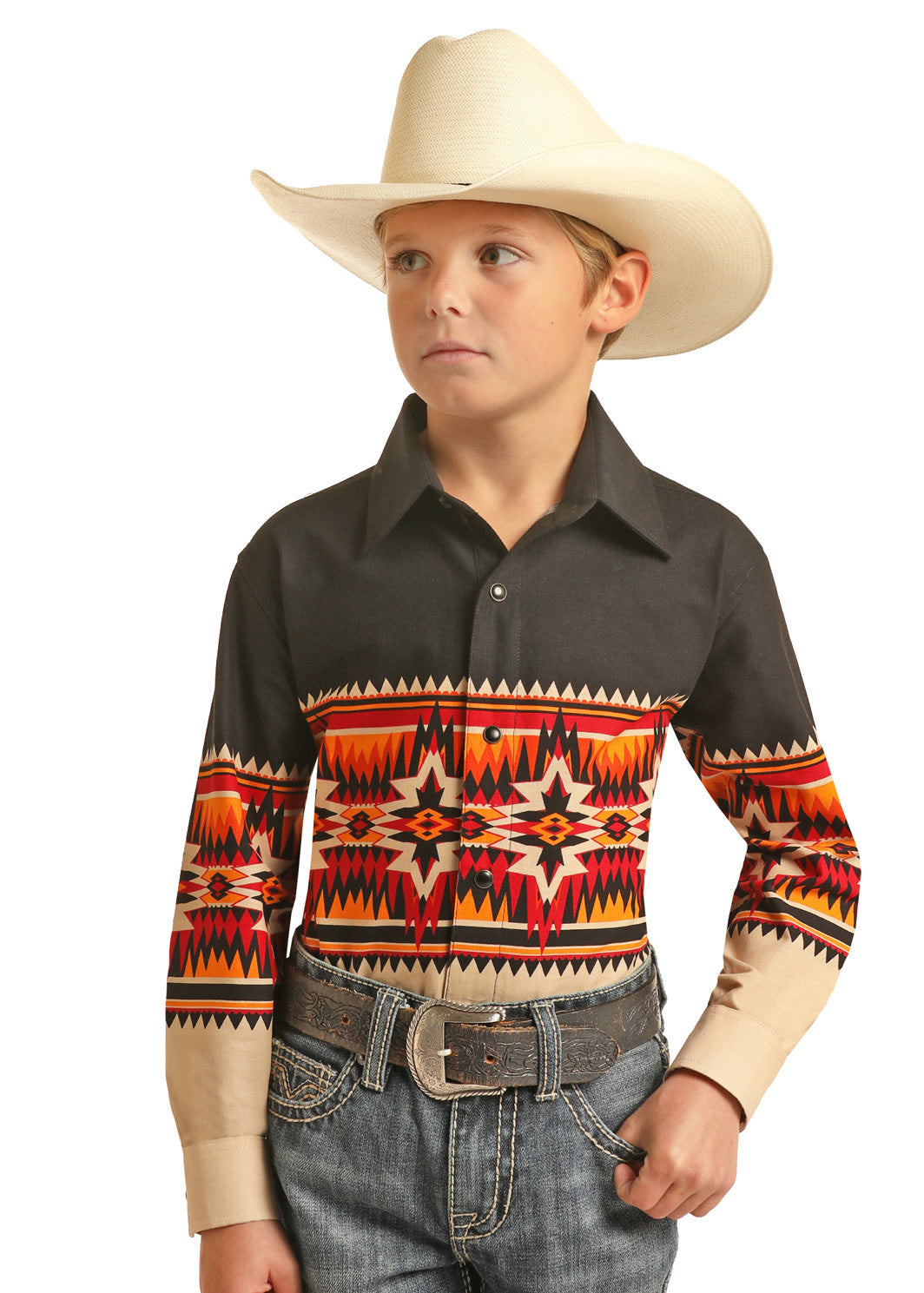 Panhandle Boy's Black Aztec Long Sleeve Shirt