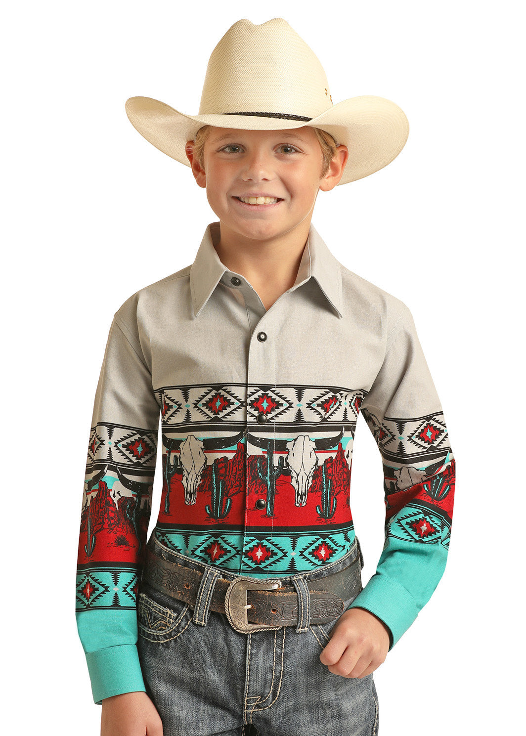 Panhandle Boy's Western Steer Long Sleeve Shirt.