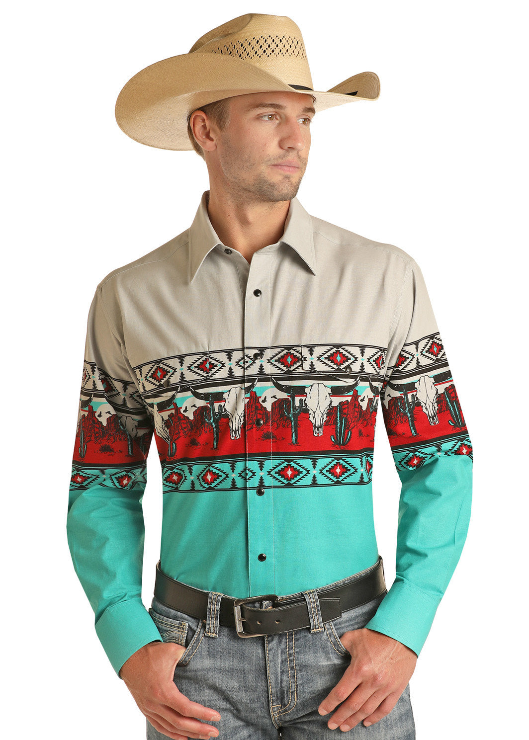 Panhandle Men's Silver Steer Skull Long Sleeve Shirt