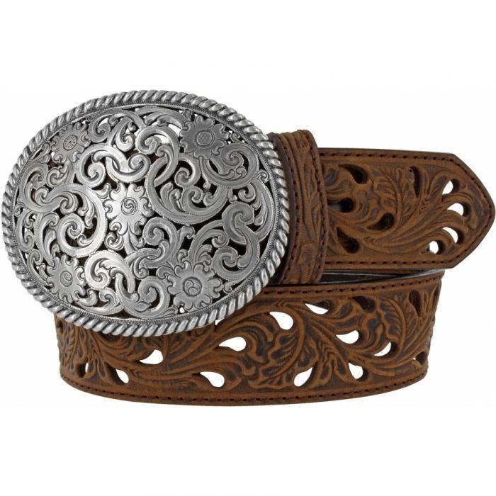 Tony Lama Women's Pierced Filigree Trophy Buckle Belt