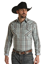 Rock & Roll Cowboy Men's Grey and Mint Plaid Shirt C3 Size XS.