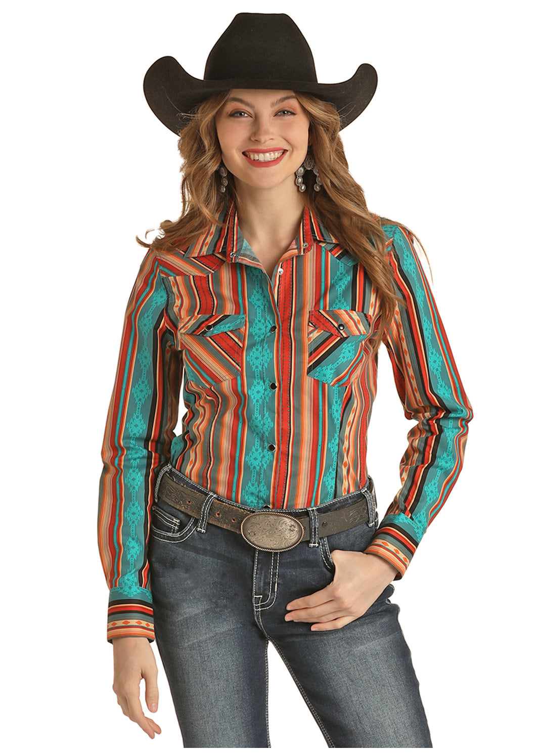 Rock & Roll Cowgirl Ladies Aztec Stripe Snap Front Shirt C3