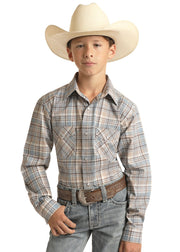 Panhandle Boys Blue and Tan Plaid Snap Front Shirt