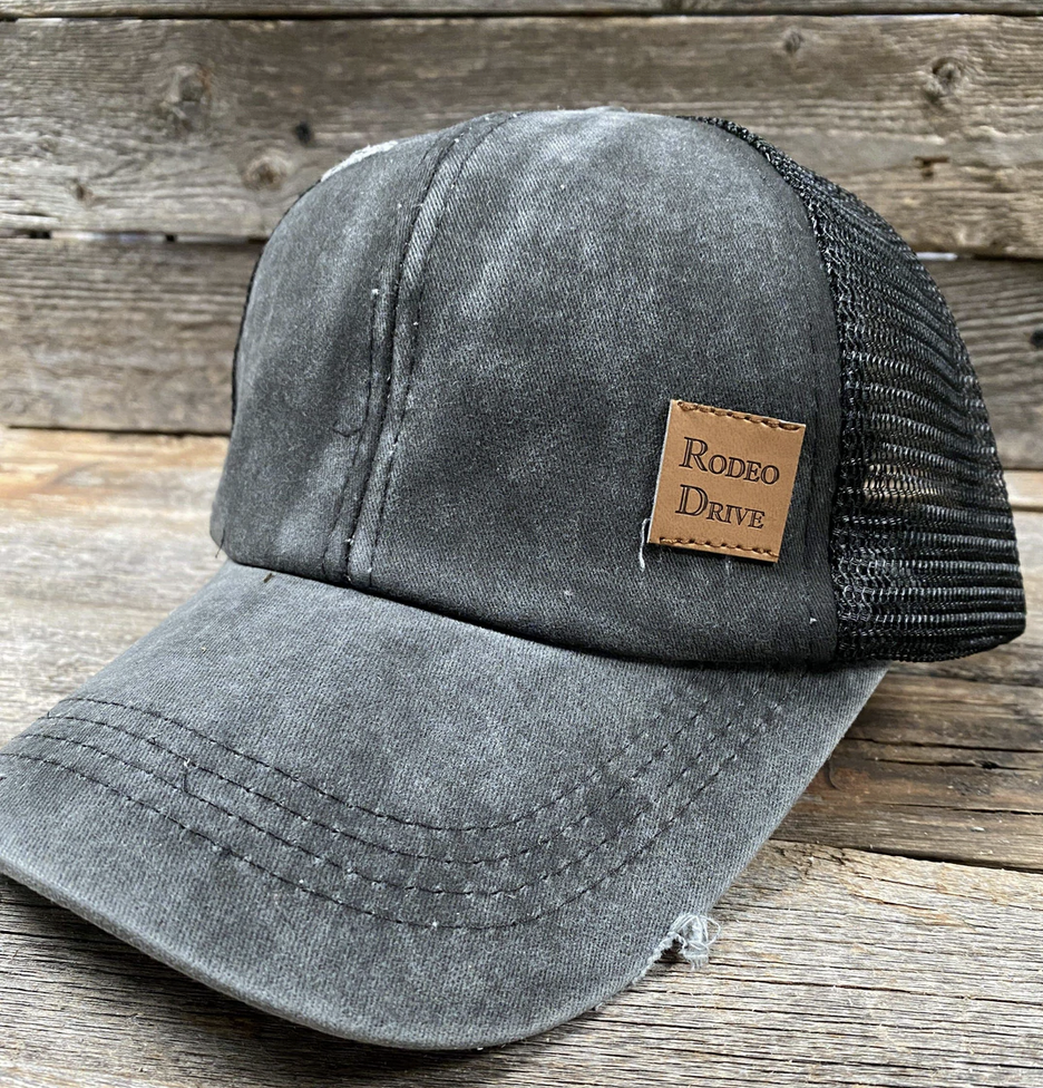 Rodeo Drive Burnt Grey Ponytail Trucker Hat.