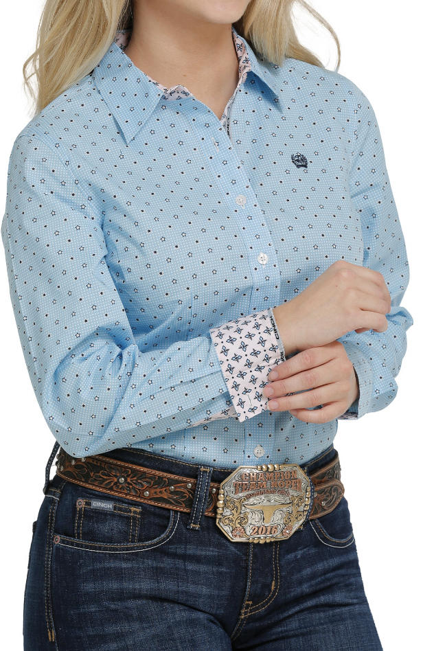 Cinch Ladies Light Blue Stars Long Sleeve Shirt