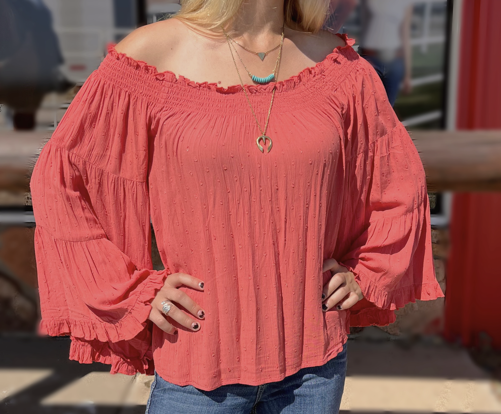 Panhandle Ladies Coral Off the Shoulder Blouse