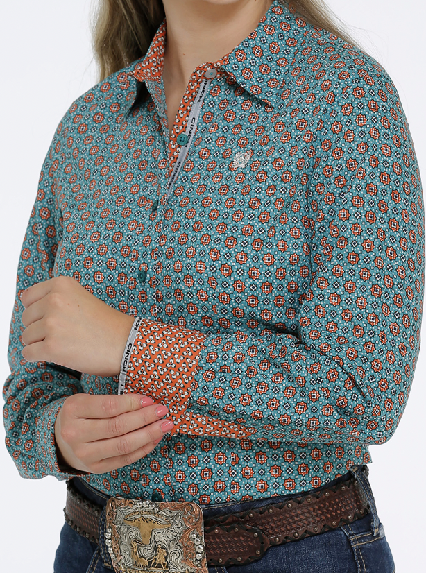 Cinch Women's Teal Patterned Long Sleeve Shirt.