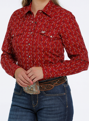 Cinch Women's Red Patterned Long Sleeve Shirt