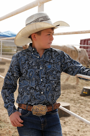 Cinch Boy's Navy Paisley Long Sleeve Shirt Size Large