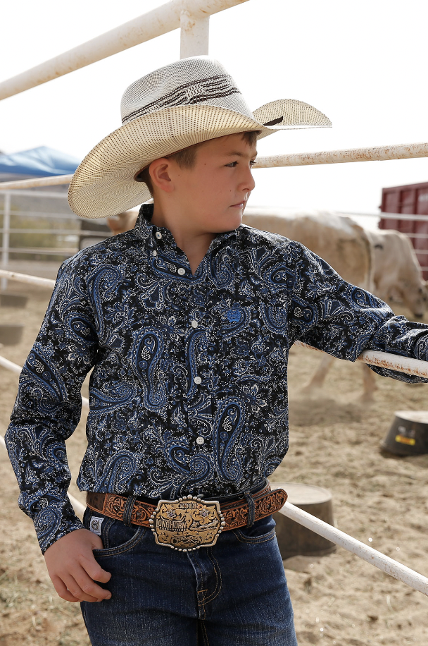 Cinch Boy's Navy Paisley Long Sleeve Shirt Size Large.