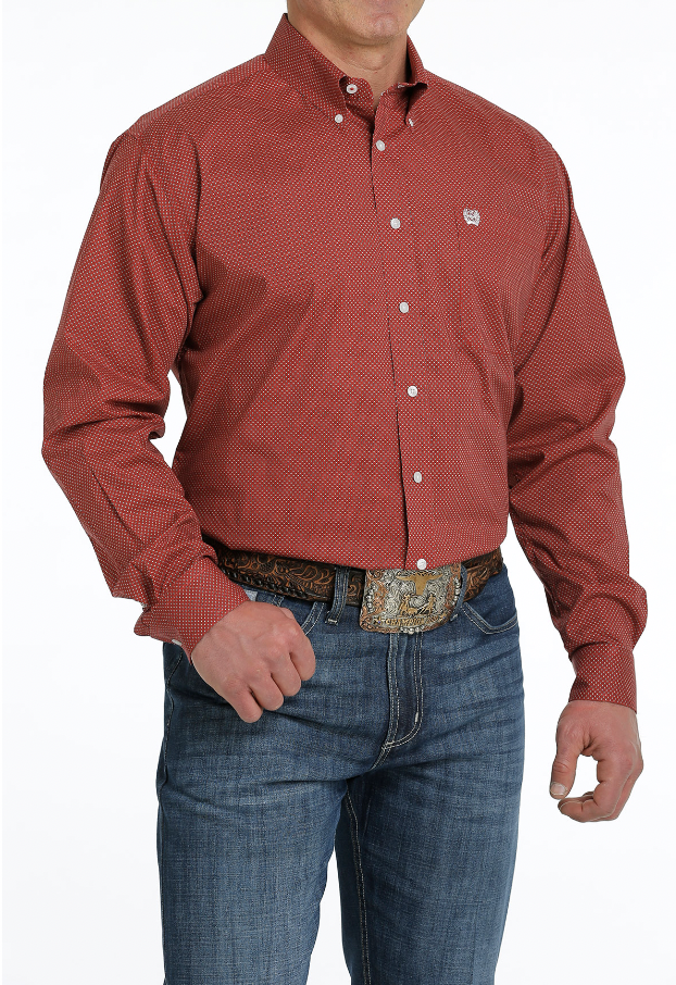 Cinch Men's Red Patterned Long Sleeve Shirt C3.