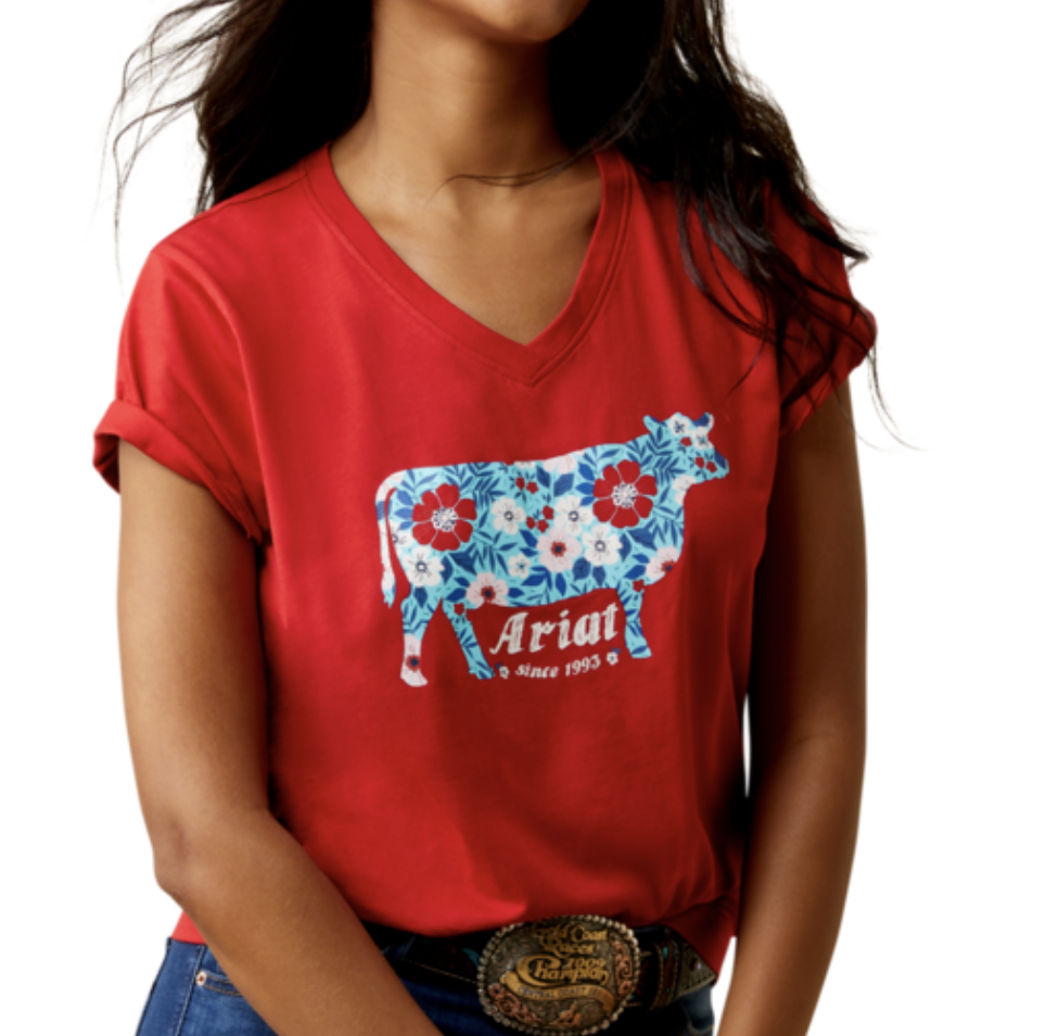 Ariat Women's Red Flower Cow Tee C3