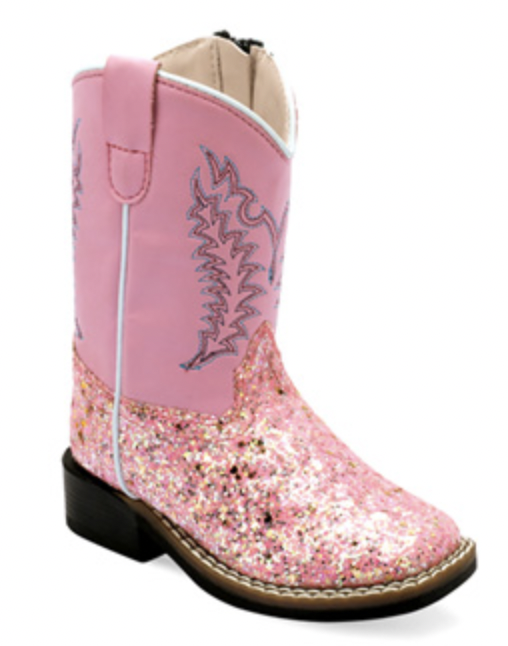 Old West Toddler Pink Glitter Square Toe Boot