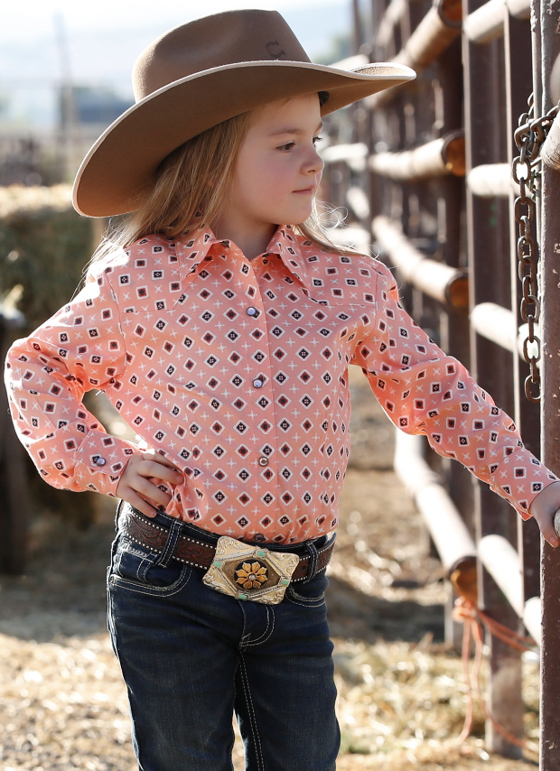 Cruel Girl's Peach Patterned Snap Front Shirt.