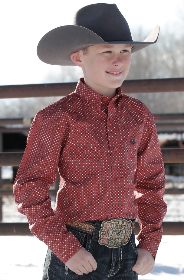 Cinch Boy's Red Patterned Button Up Shirt.