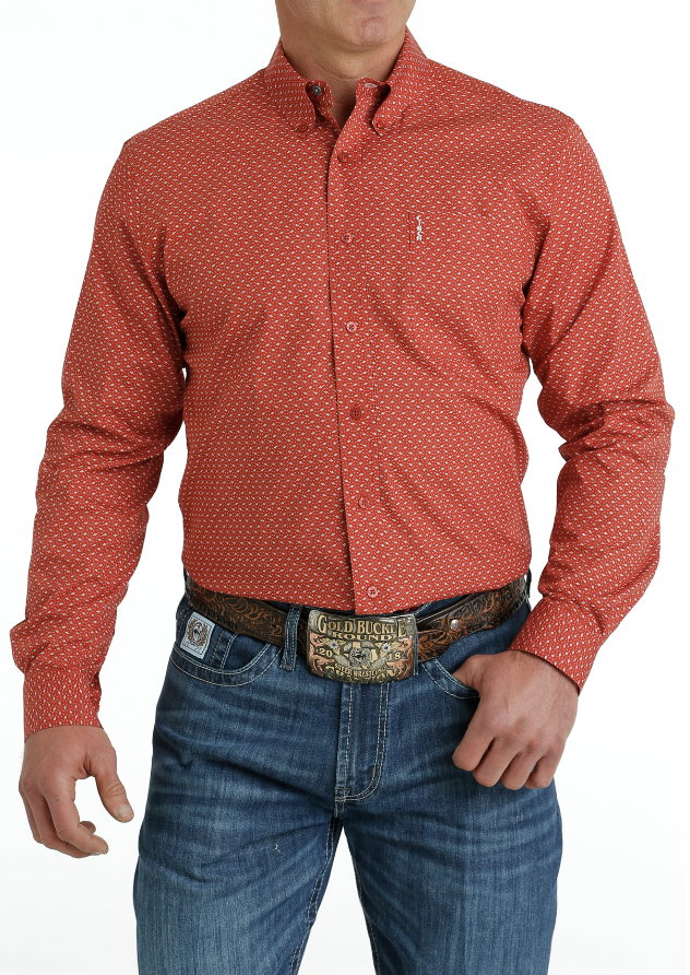 Cinch Men's Red Patterned Button Up Shirt C3.