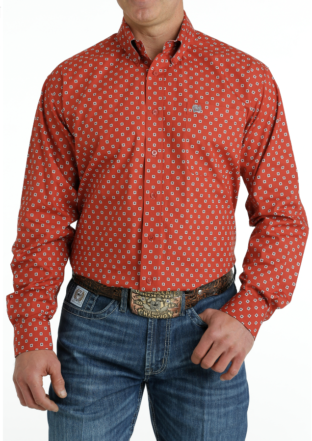 Cinch Men's Red Patterned Button Up Shirt C3.