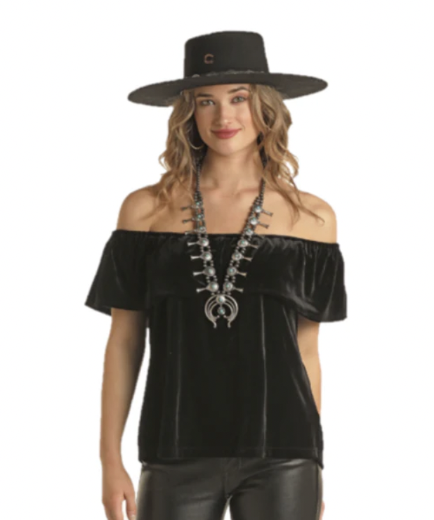 Panhandle Women's Black Velvet Off the Shoulder Shirt.