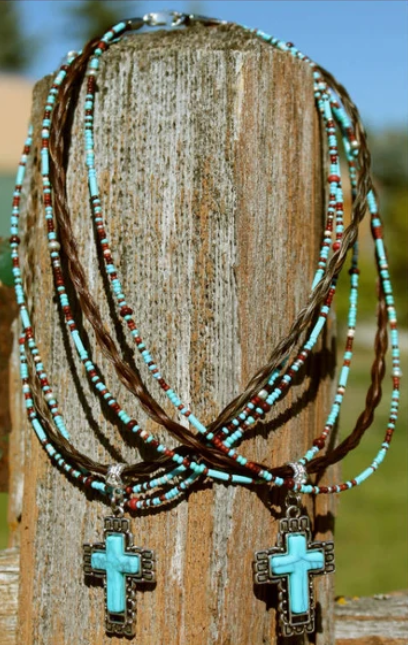 Cowboy Collectibles Faux Turquoise Cross Horse Hair Necklace.