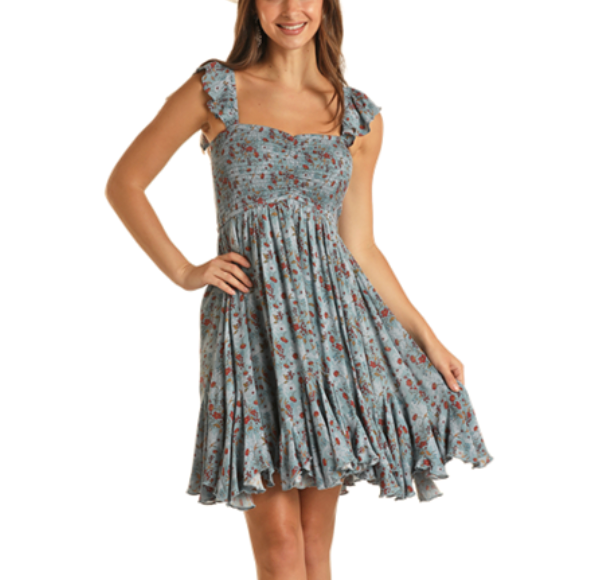 Rock & Roll Cowgirl Blue Floral Print Dress