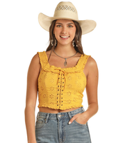 Rock & Roll Cowgirl Gold Eyelet Tank Top