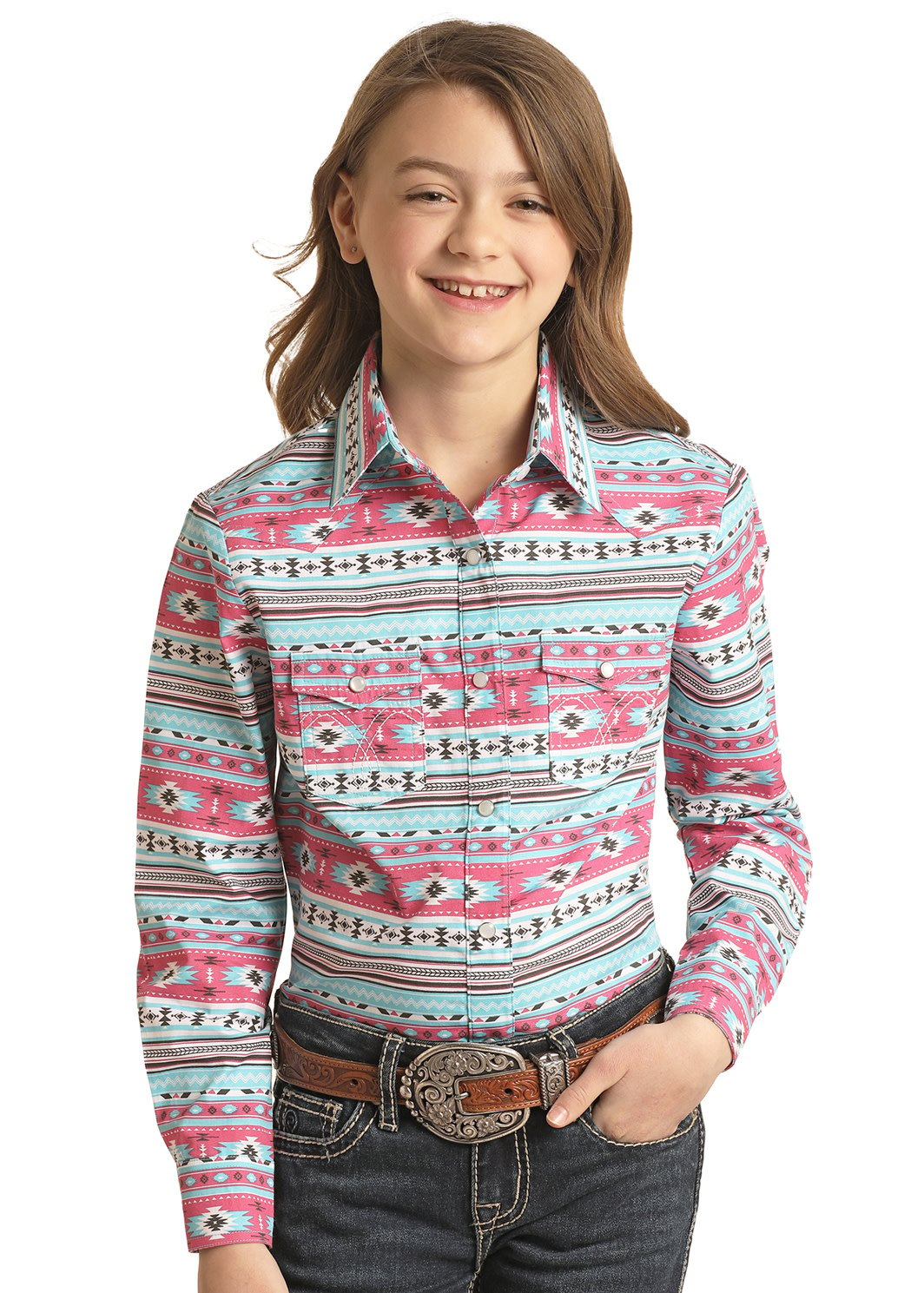 Rock & Roll Cowgirl Bright Aztec Stripe Snap Front Shirt